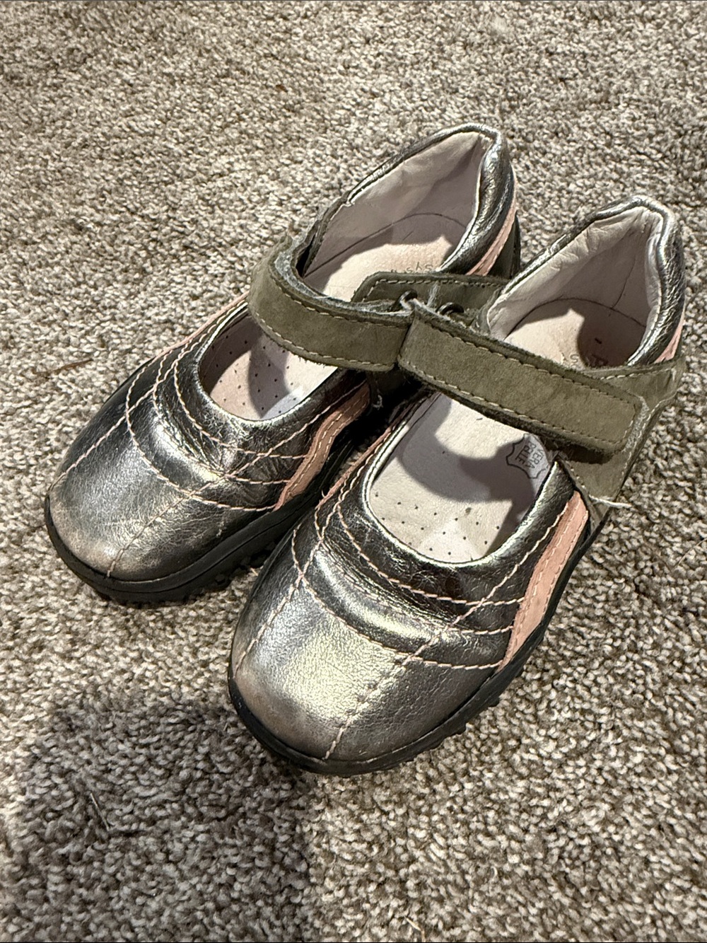 Kids Metallic Silver Mary Jane Shoes with Pink Accents